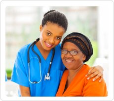 Senior and a nurse wearing blue uniform